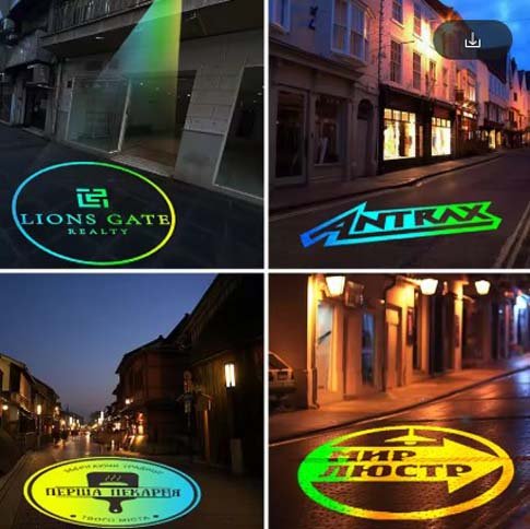 Custom LED HD IP67 waterproof rotating Gobo projector displaying a sharp, high-brightness logo projection on a wall. Ideal for outdoor advertising, events, and brand promotions