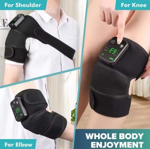Shoulder, knee, and elbow heating massage pad with vibration therapy for arthritis pain relief and muscle relaxation. A portable, rechargeable device for deep-tissue comfort and joint support