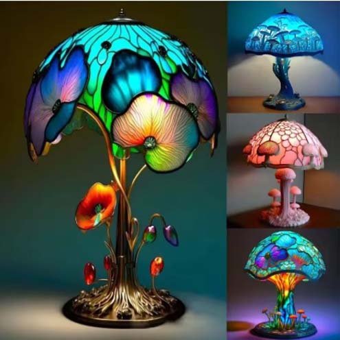 Handmade stained glass resin table lamp in whimsical shapes—flower, mushroom, snail, and octopus—with retro-inspired colors. A unique night light or decorative piece for bohemian, cottagecore, or fantasy-themed interiors