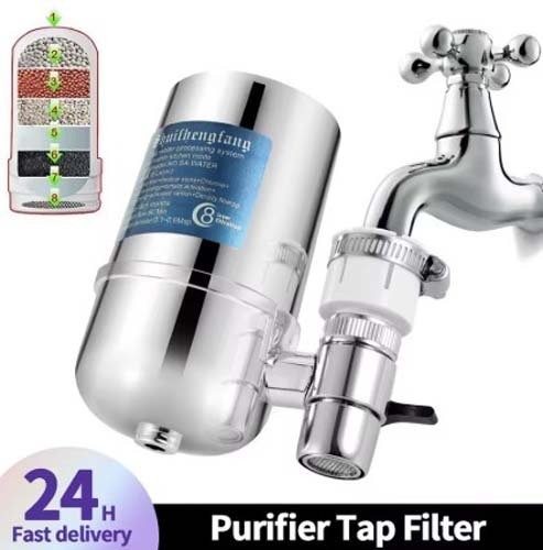 Multi-layered faucet mount water purifier for clean, filtered kitchen tap water – removes impurities, chlorine, and heavy metals